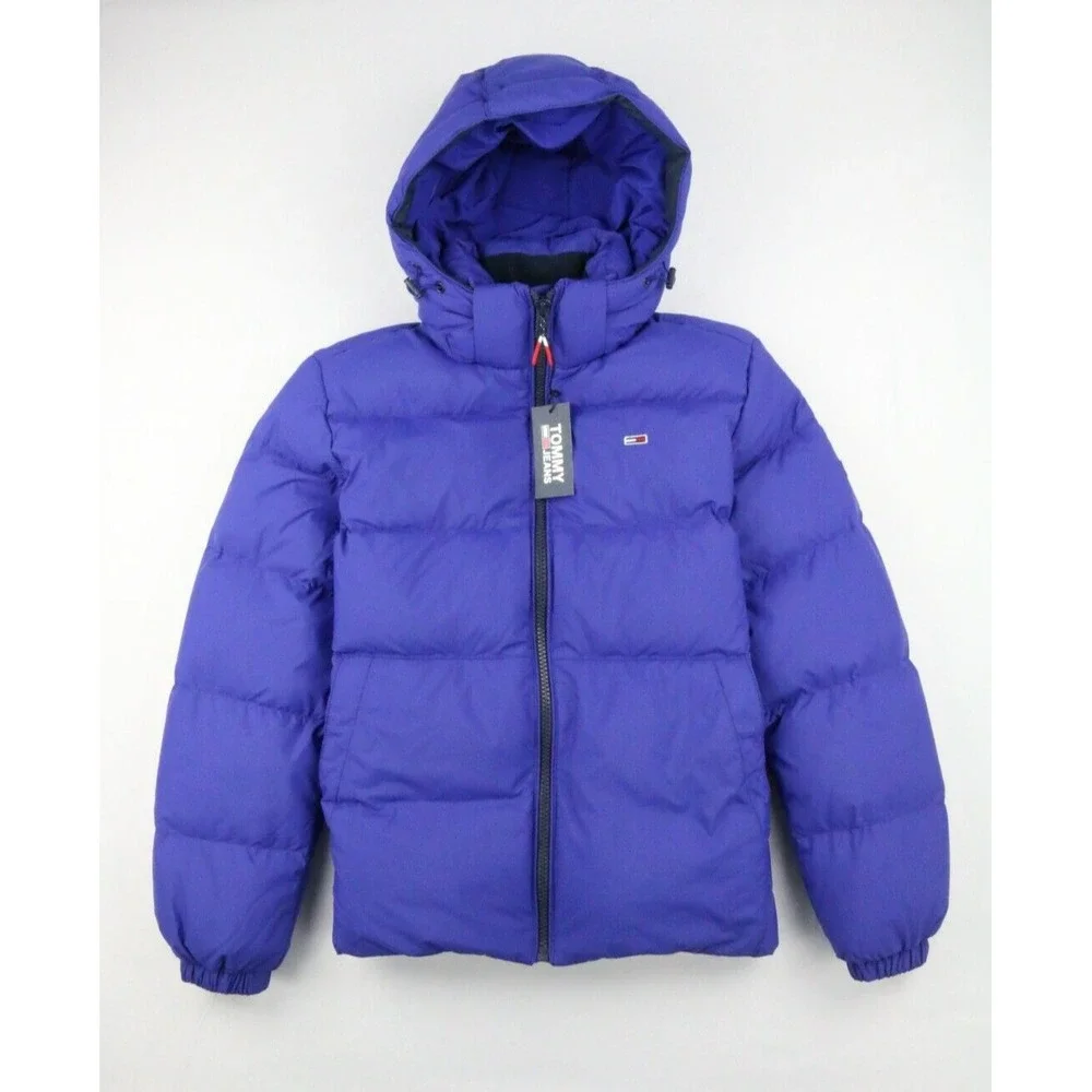 Tommy Jeans Tommy Hilfiger Mens Hooded Down Jacket Blue Sz XS Embroidery Elastic